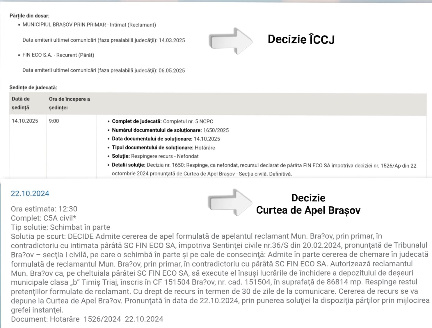 Decizie istorică pentru Brașov: închiderea depozitului de deșeuri Timiș-Triaj, pe cheltuiala operatorului. O victorie pentru mediu și pentru contribuabili 1 Extras de pe site-ul ÎCCJ și portalul instanțelor de judecată cu privire la litigiul inițiat de Primăria Brașov